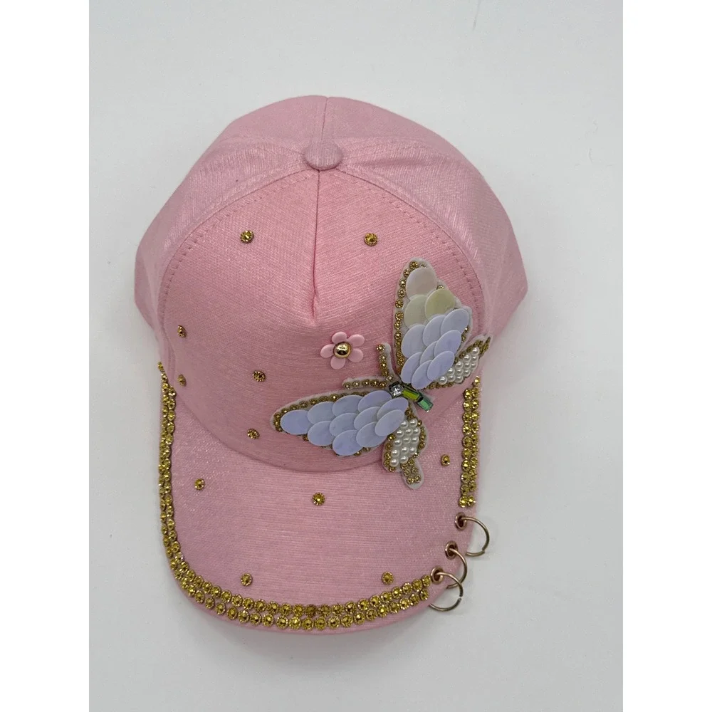 Pink Butterfly Sequin Pearl Rhinestone Baseball Cap with Gold Rings Accent Hat
